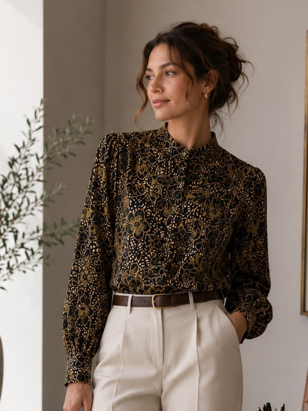 EVEREVE Floral High Neck Blouse | Long Sleeve Mock Neck BLOUSE | SMALL